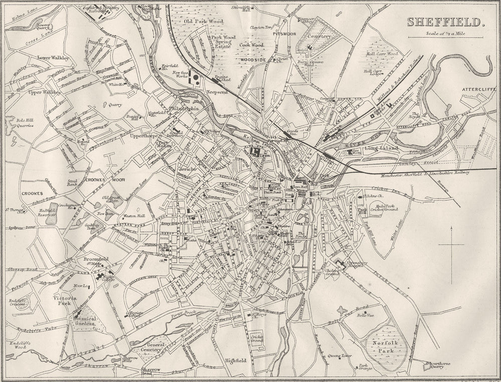 YORKS. Sheffield town plan 1874 old antique vintage map chart