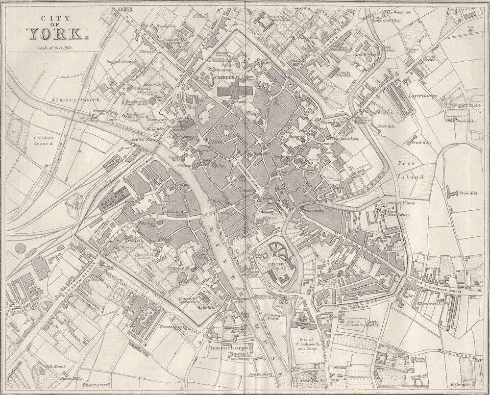 YORKS. City of York town plan 1874 old antique vintage map chart