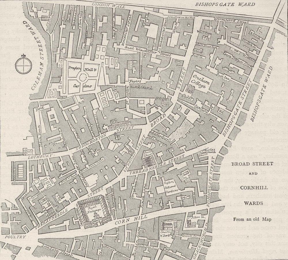 SAXON LONDON. Broad Street and Cornhill wards in 1750 c1880 old antique map