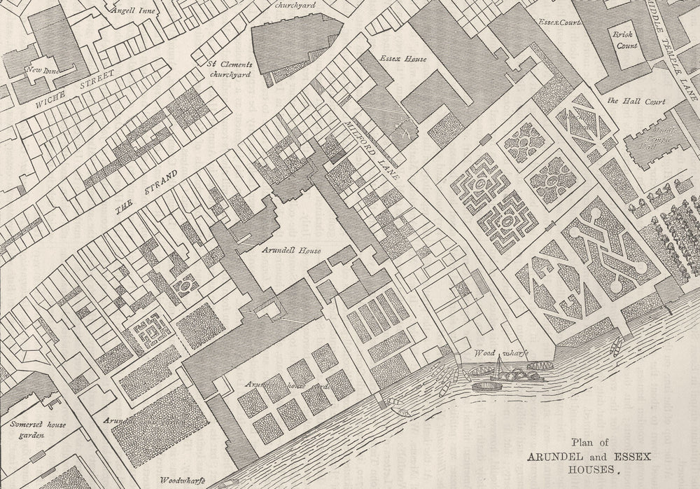 THE STRAND. Plan of Arundel and Essex Houses. London c1880 old antique map
