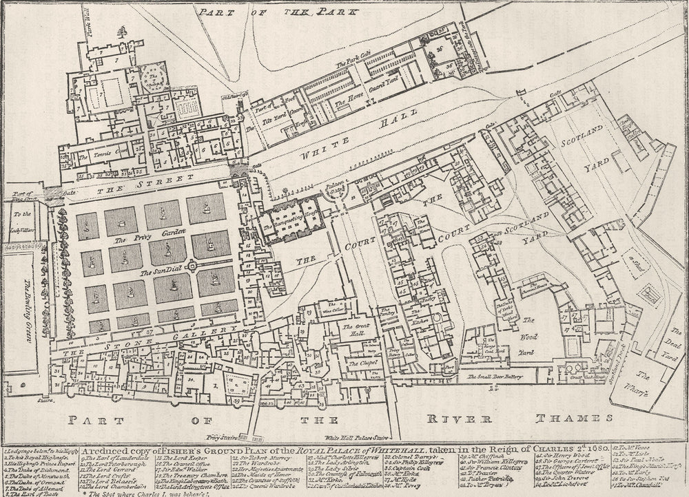 WHITEHALL. Plan of the palace of Whitehall. London c1880 old antique map chart