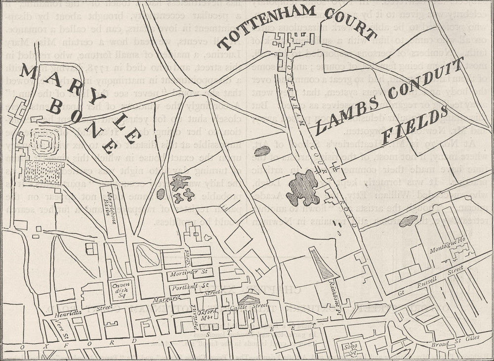 FITZROVIA. Map of Rathbone Place and neighbourhood, 1746. London c1880 old
