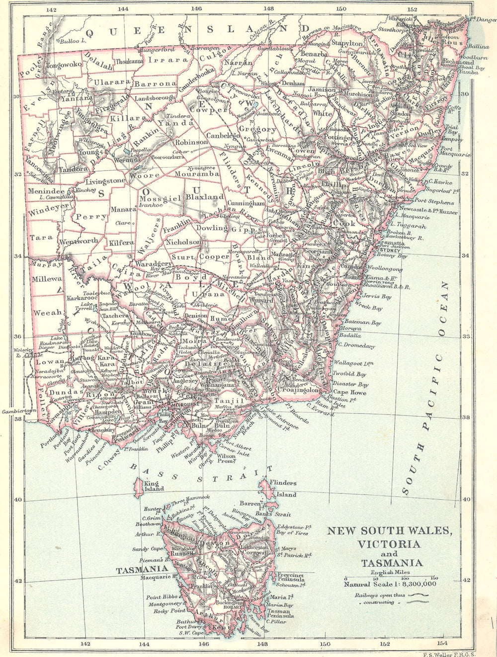 AUSTRALIA. NSW, Victoria & Tasmania 1890 old antique vintage map plan chart