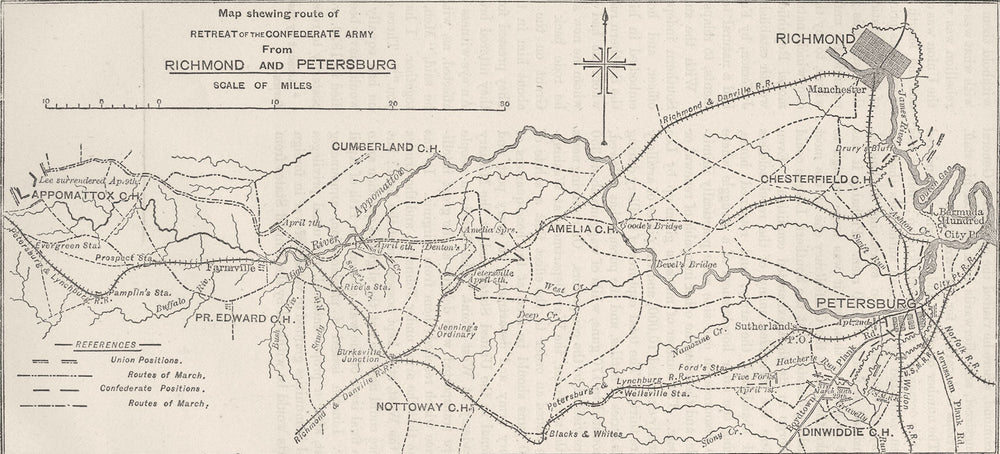 Confederate Retreat. Richmond, Petersburg c1880 old antique map plan chart