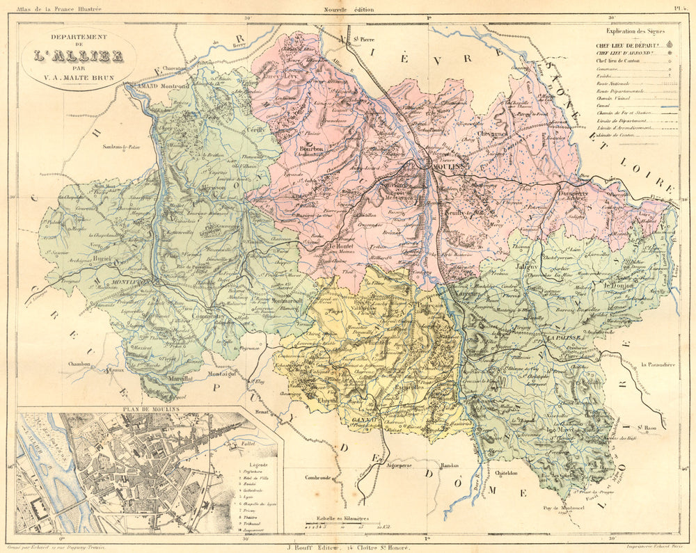 ALLIER. Departement de L'Allier; plan Moulins 1881 old antique map chart