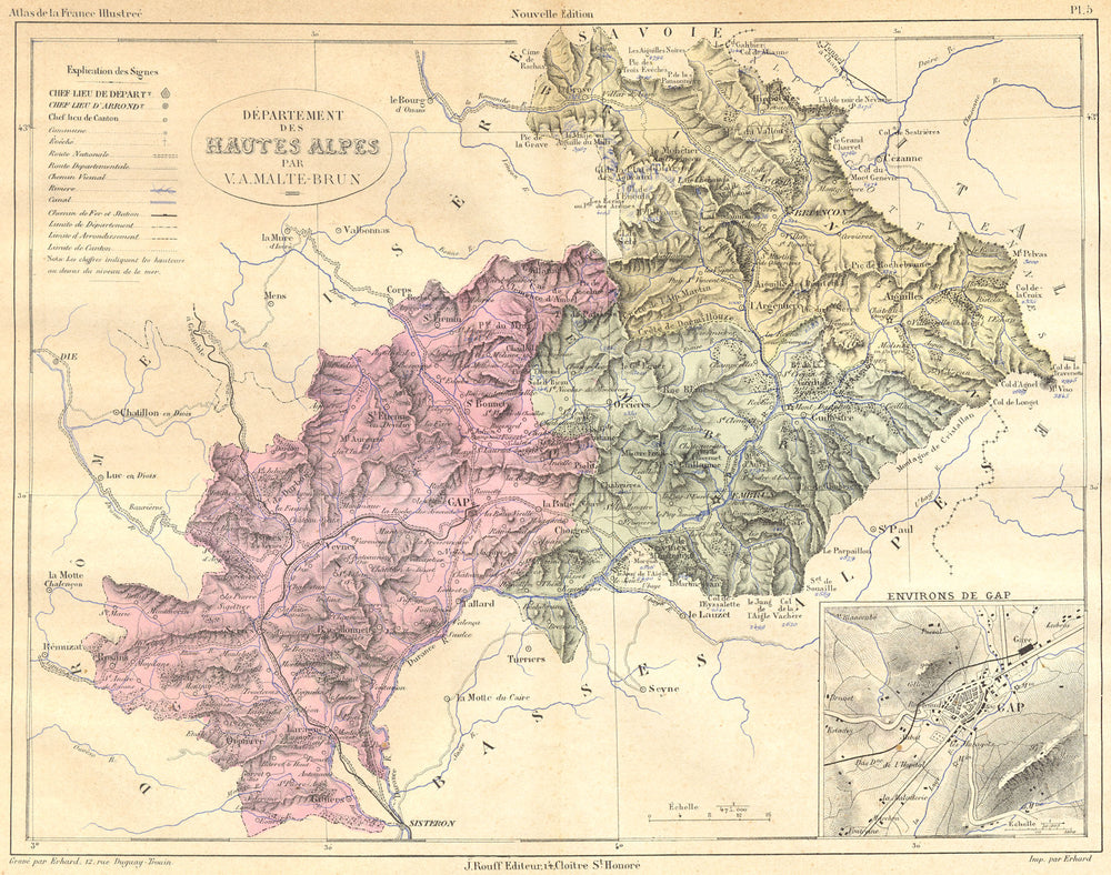 HAUTES-ALPES. Departement; area de Gap 1881 old antique vintage map plan chart