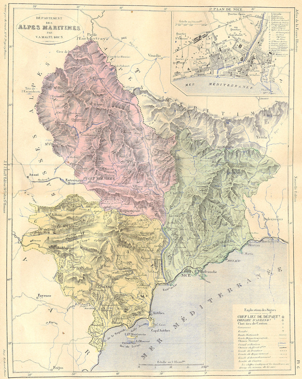 ALPES-MARITIMES. Departement; plan de Nice 1881 old antique map chart