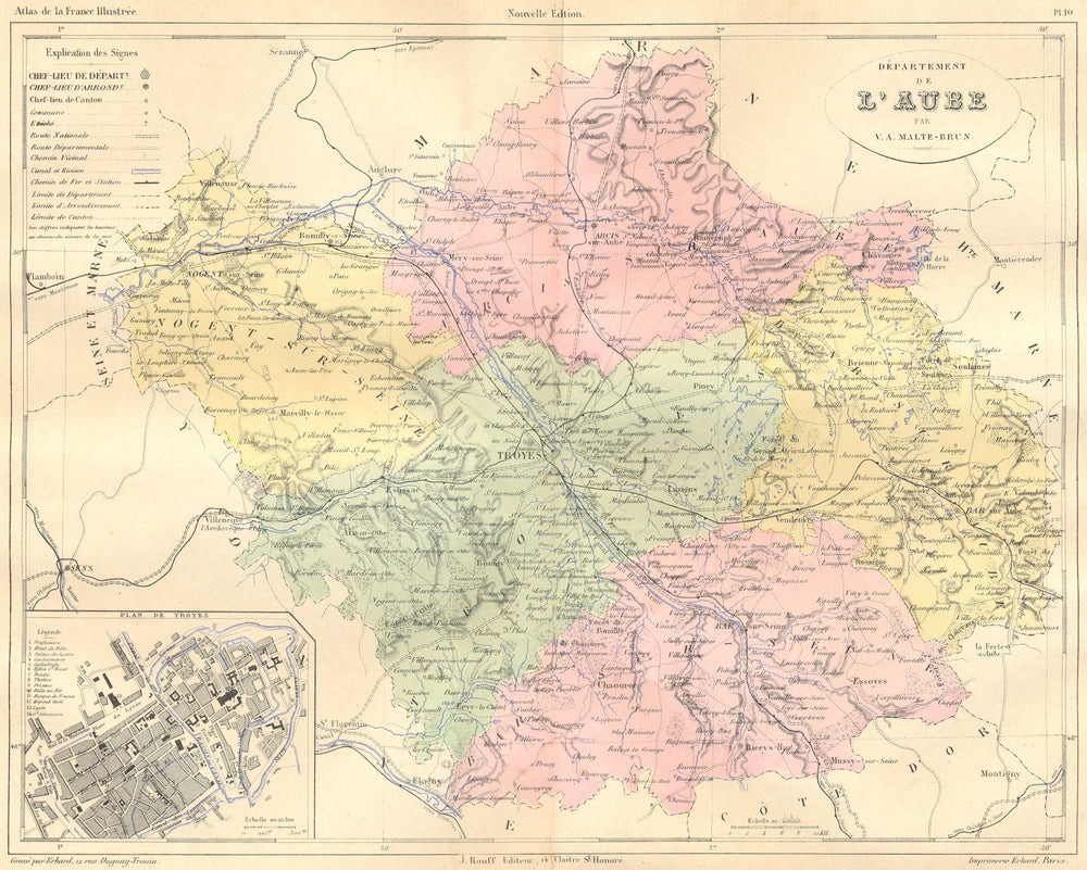 AUBE. Departement de L'Aube; plan Troyes 1881 old antique map chart