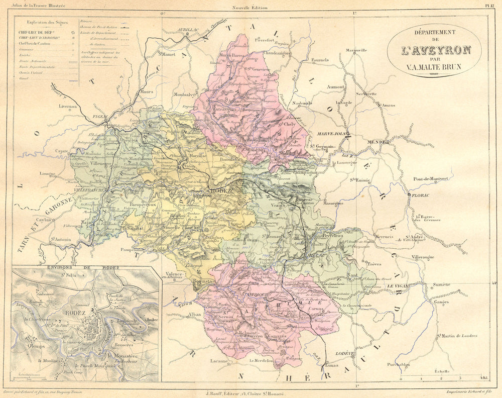 AVEYRON. Departement de L'Aveyron; area Rodez 1881 old antique map plan chart