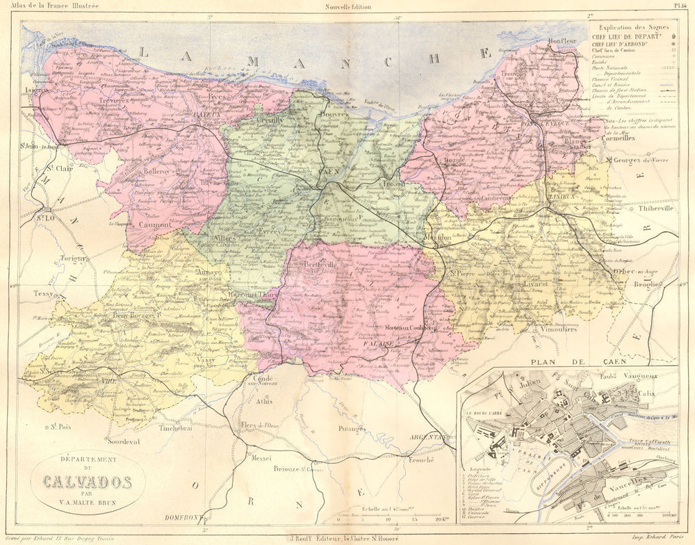 CALVADOS. Departement du; plan de Caen 1881 old antique vintage map chart