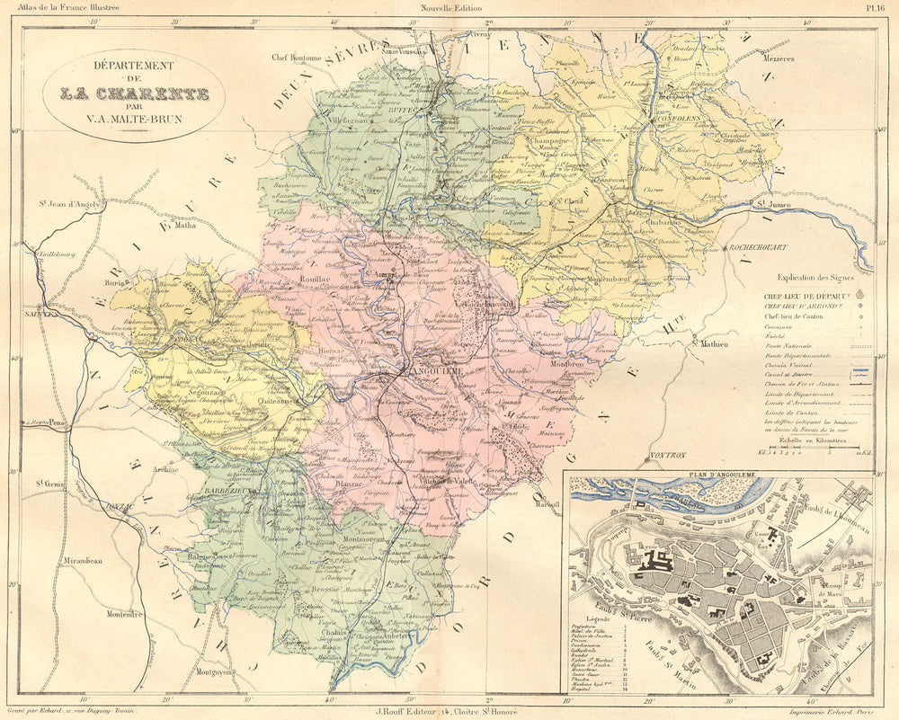 CHARENTE. Departement de; plan D' Angoulême 1881 old antique map chart