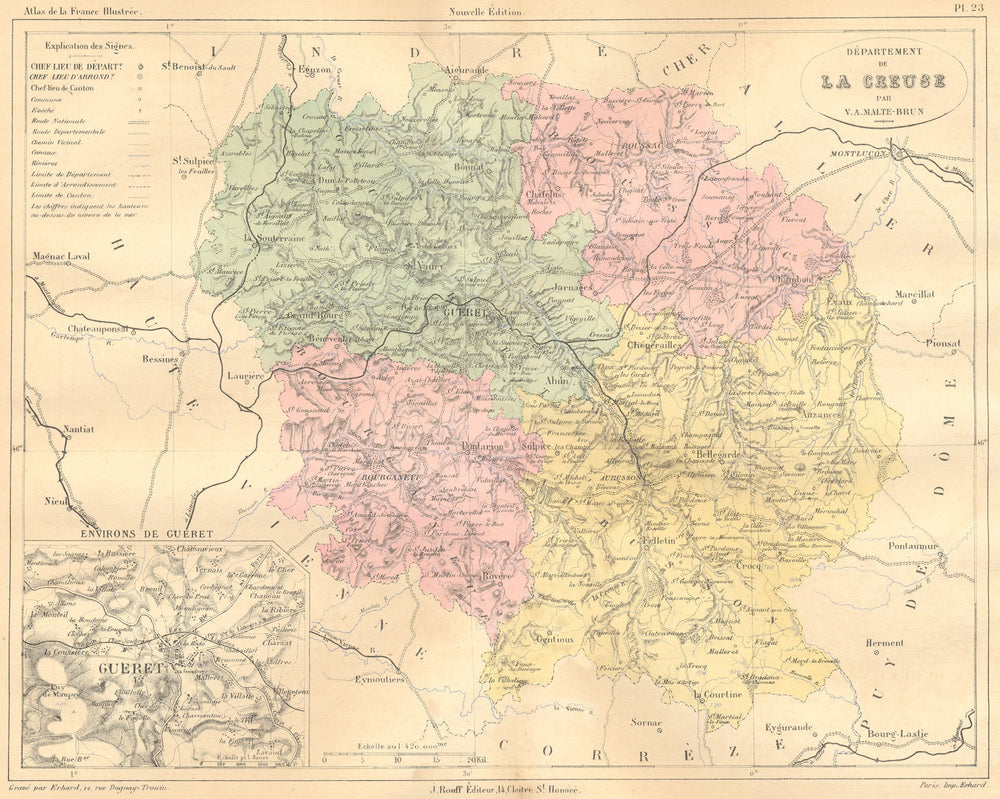 CREUSE. Departement de; area Guéret 1881 old antique vintage map plan chart