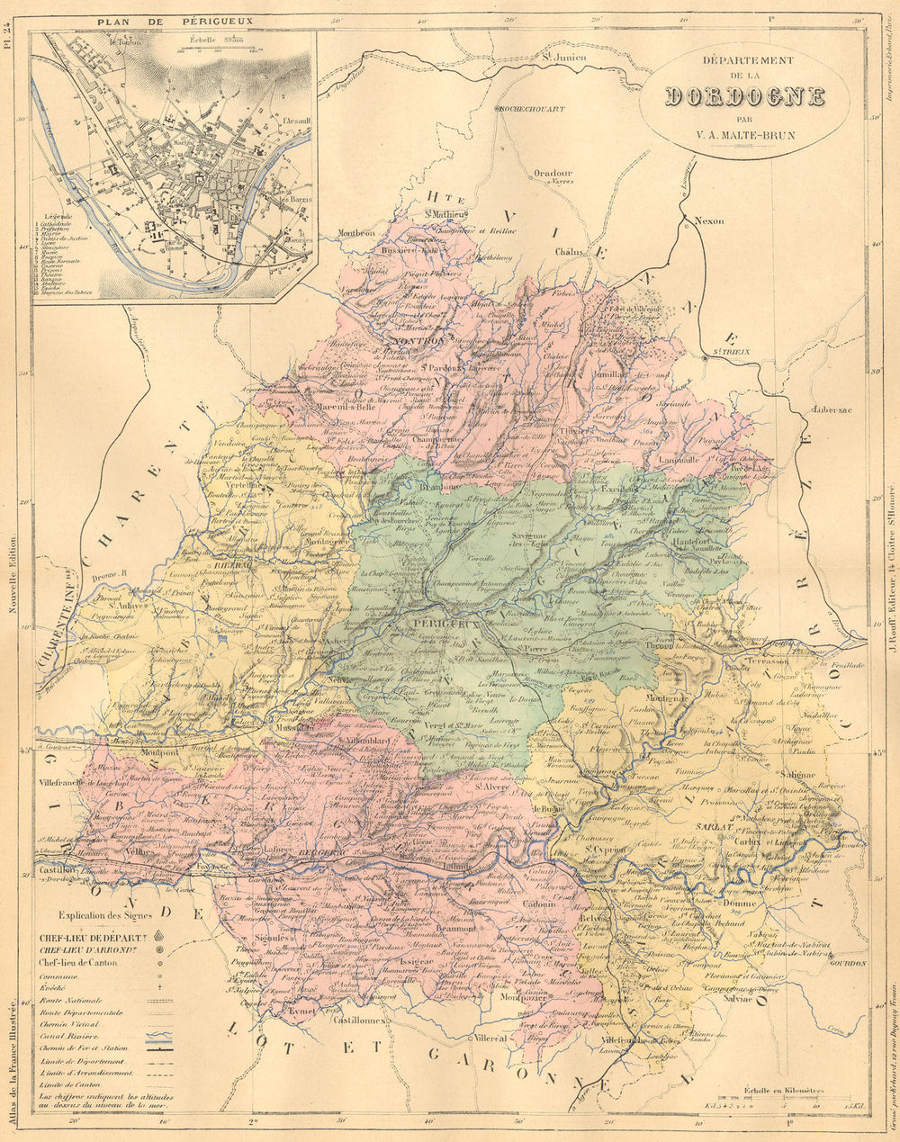 DORDOGNE. Departement de; plan Périgueux 1881 old antique map chart