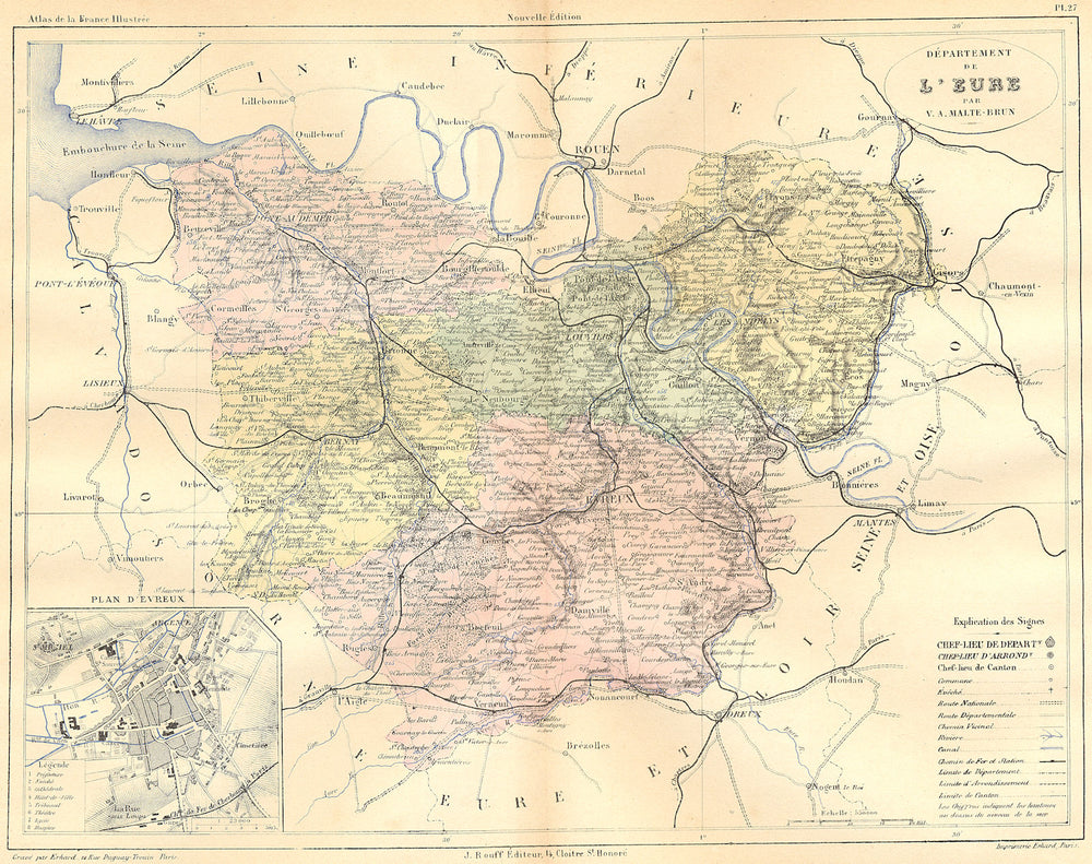 EURE. Departement de L'Eure; plan D' Evreux 1881 old antique map chart