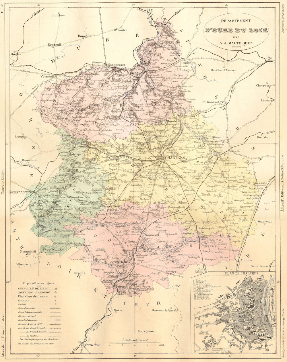 EURE-LOIR. Departement D'Eure; plan de Chartres 1881 old antique map