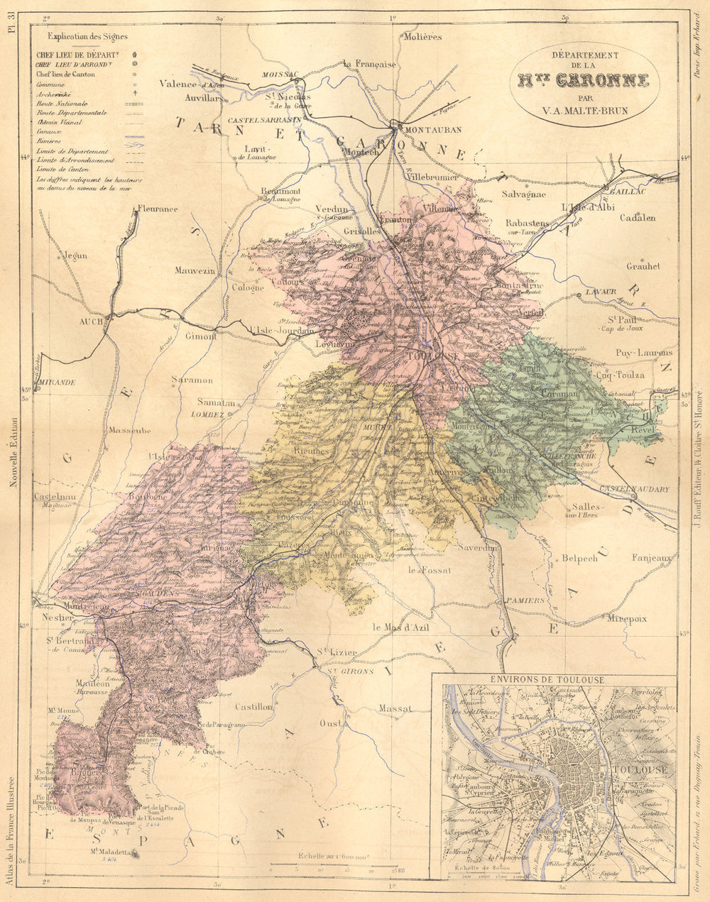 HAUTE-GARONNE. Departement de Hte; area Toulouse 1881 old antique map chart