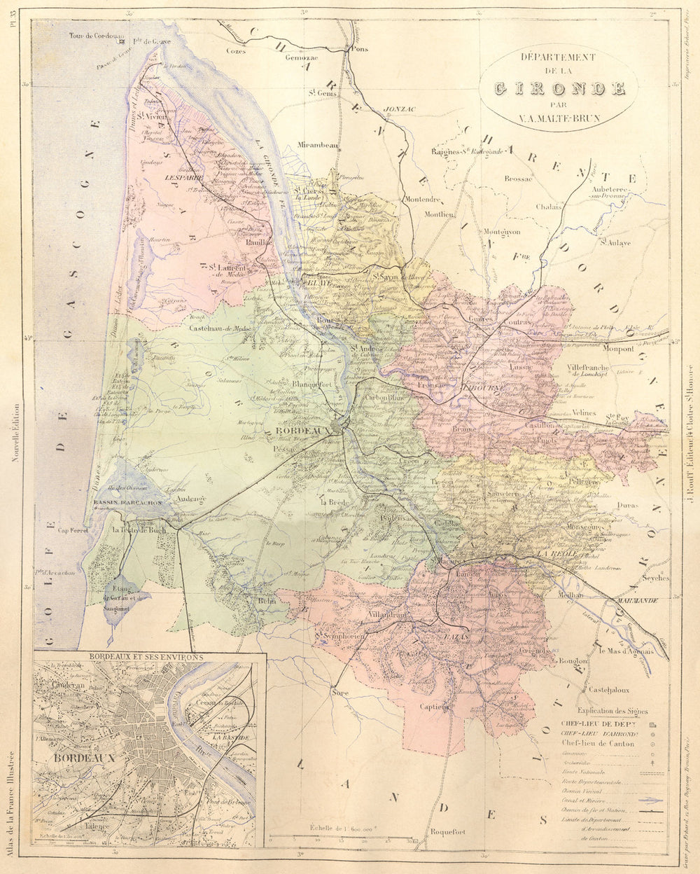 GIRONDE. Departement de; Bordeaux 1881 old antique vintage map plan chart