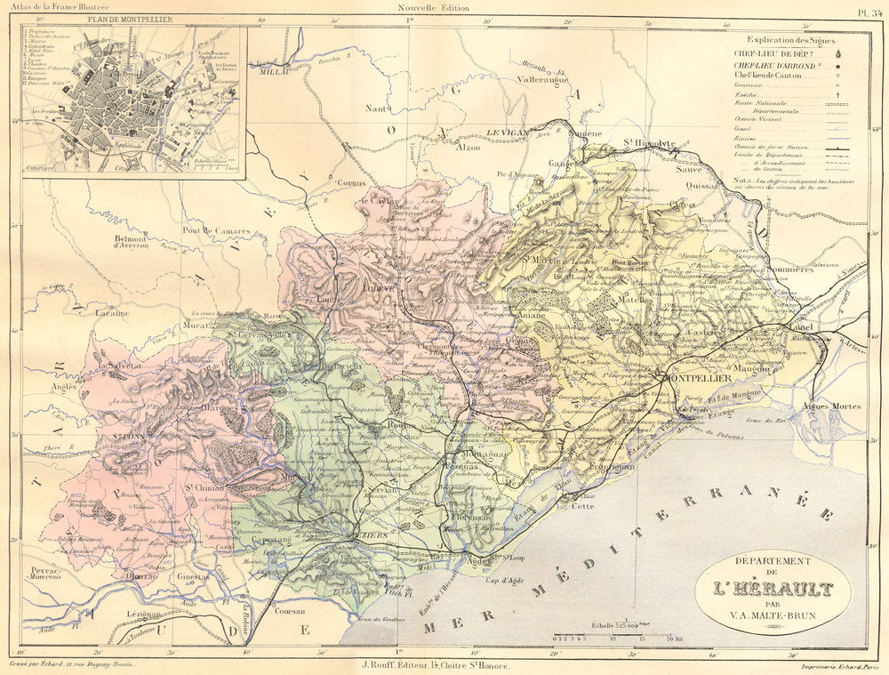 MONTPELLIER. Departement de L'Herault; plan 1881 old antique map chart