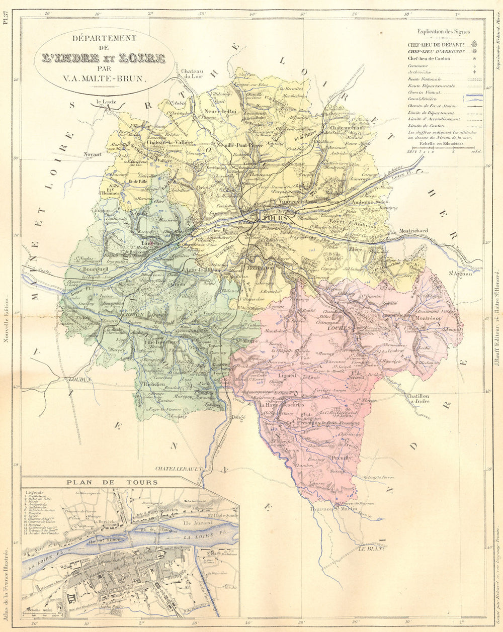 LOIRE. Departement de L'Indre; plan Tours 1881 old antique map chart