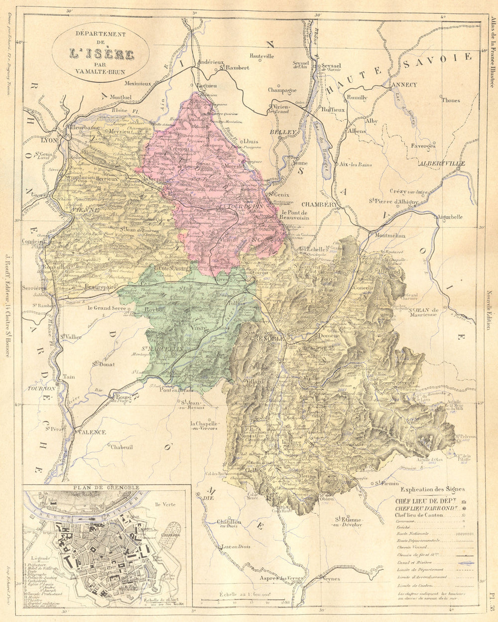 ISÈRE. Departement de L'Isere; plan Grenoble 1881 old antique map chart