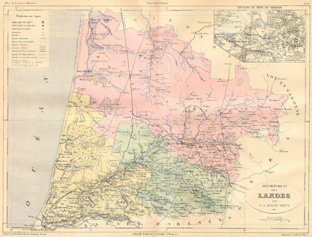 LANDES. Departement; area de Mont-Marsan 1881 old antique map plan chart