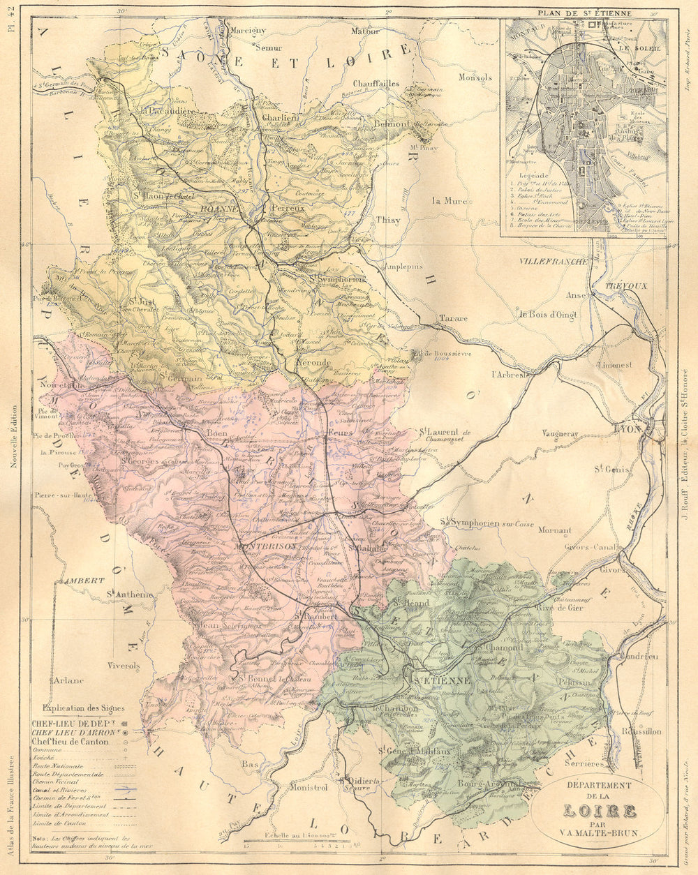 LOIRE. Departement de; plan St Etienne 1882 old antique vintage map chart