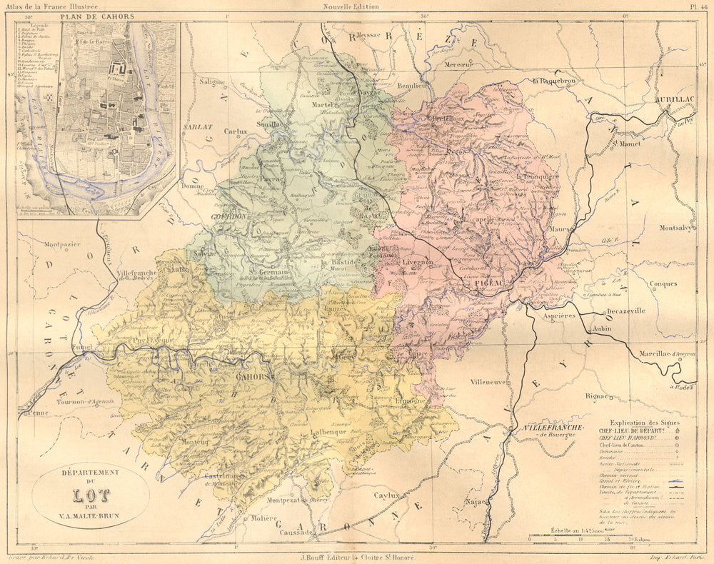 LOT. Departement du; plan de Cahors 1882 old antique vintage map chart