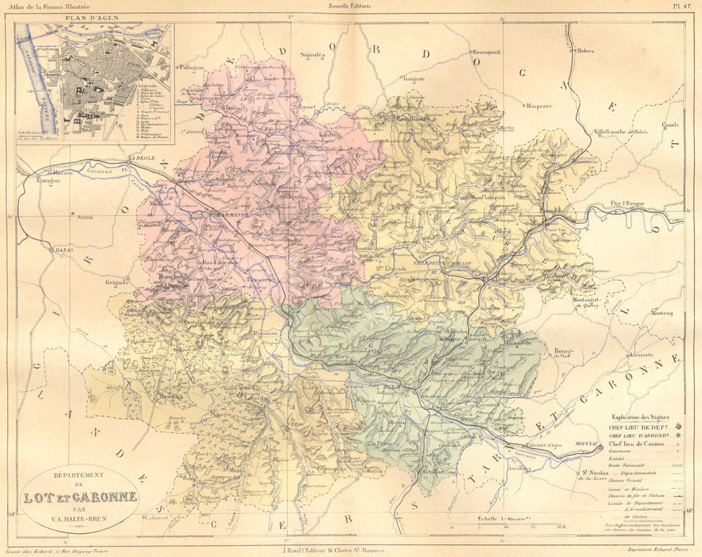 LOT-ET-GARONNE. Departement de; plan D'Agen 1882 old antique map chart