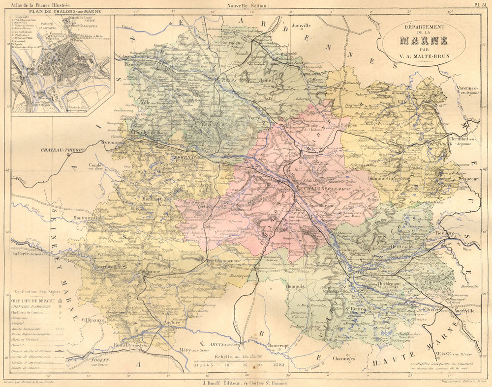 MARNE. Departement de; plan Chalons 1882 old antique vintage map chart