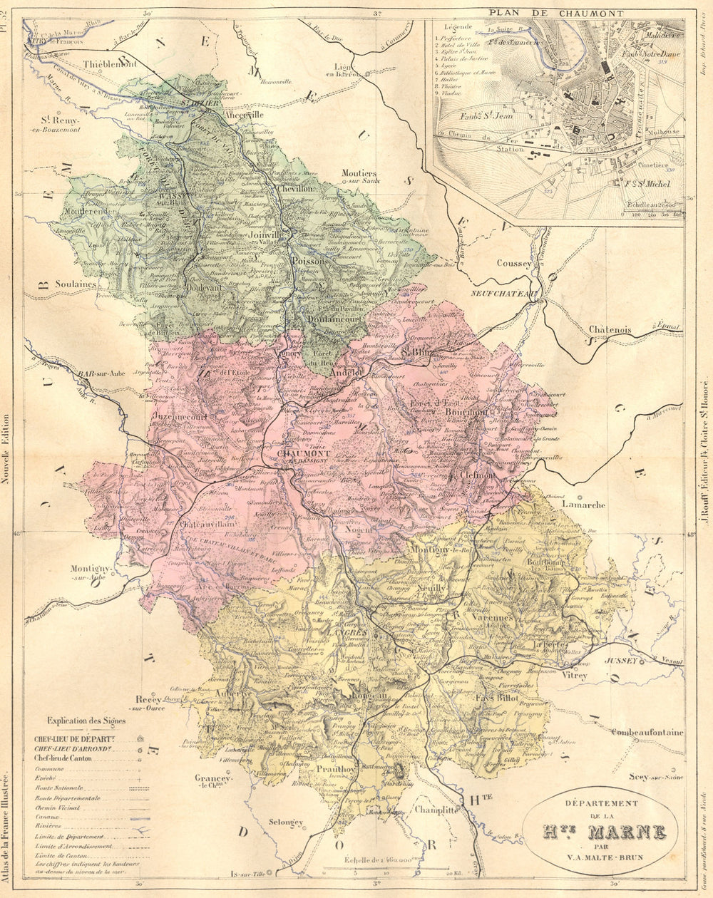 HAUTE-MARNE. Departement de Hte; plan Chaumont 1882 old antique map chart