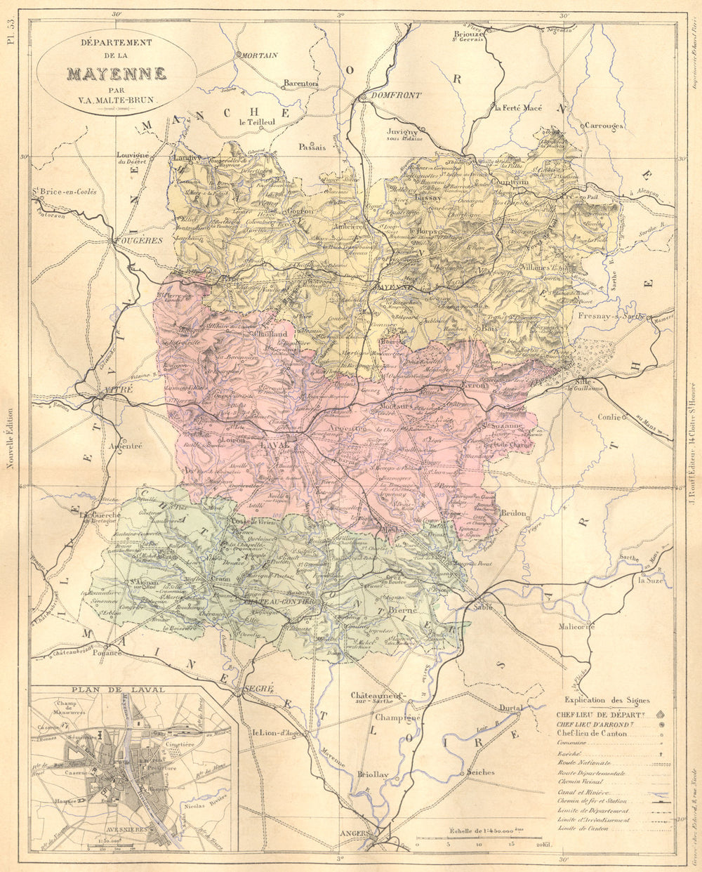 MAYENNE. Departement de; plan Laval 1882 old antique vintage map chart