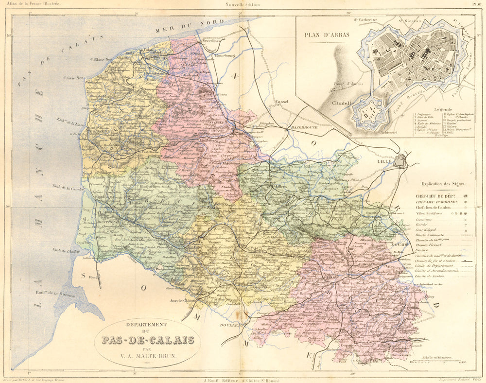 PAS-DE-CALAIS. Departement du-; plan D'Arras 1882 old antique map chart