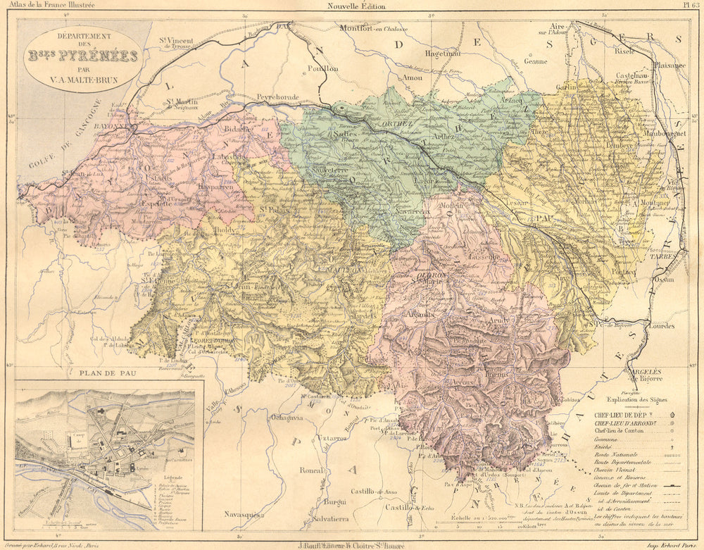 PAU. Dept Bses Pyrenees; plan de 1882 old antique vintage map chart