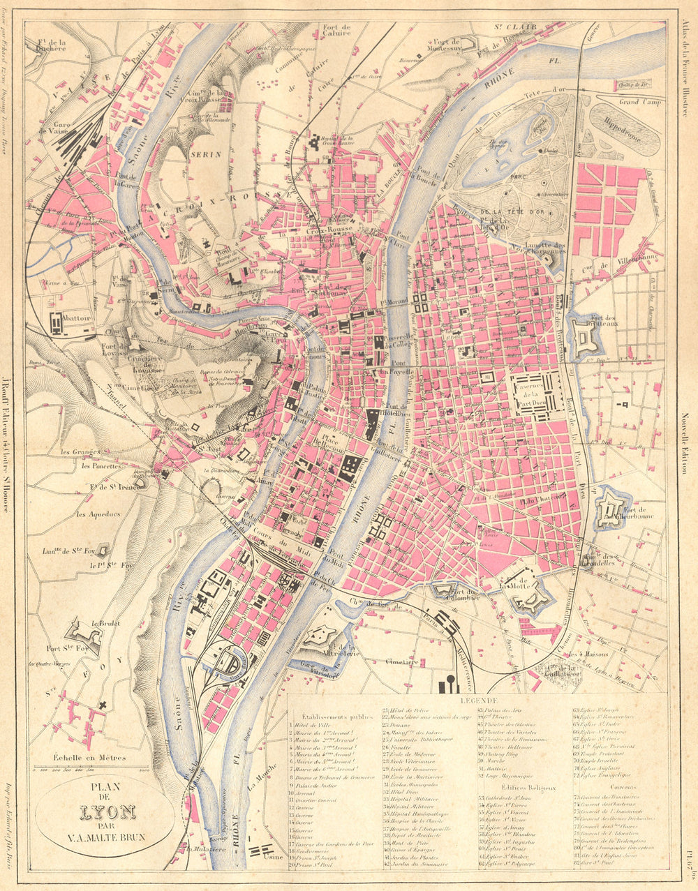 RHÔNE. Plan de Lyon 1883 old antique vintage map chart
