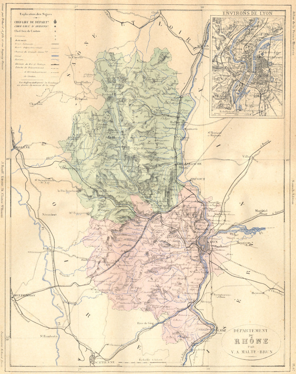 RHÔNE. Departement du Rhone; area de Lyon 1883 old antique map plan chart