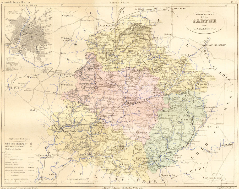 SARTHE. Departement de; plan du Mans 1883 old antique vintage map chart