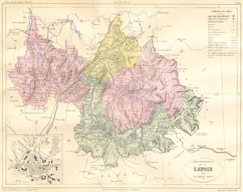 SAVOIE. Departement de; plan Chambéry 1883 old antique vintage map chart