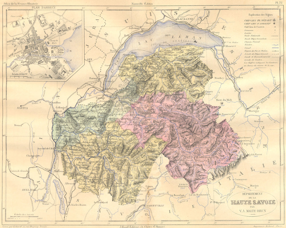 HAUTE-SAVOIE. Departement de; plan D'Annecy 1883 old antique map chart