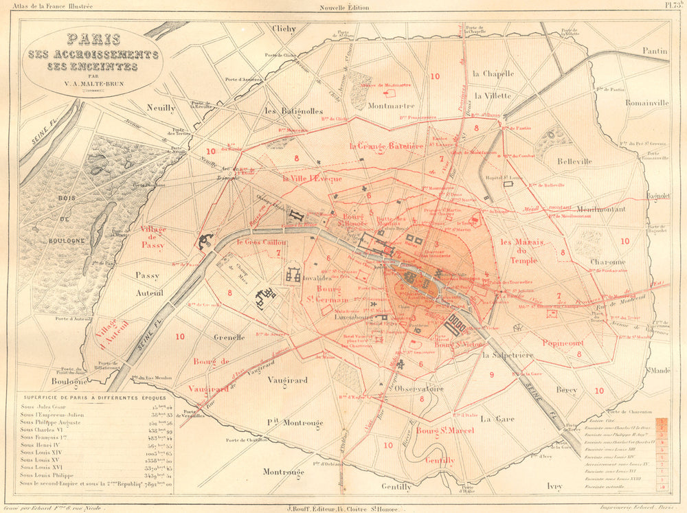 PARIS. Ses Accroissements Enceintes 1883 old antique vintage map plan chart