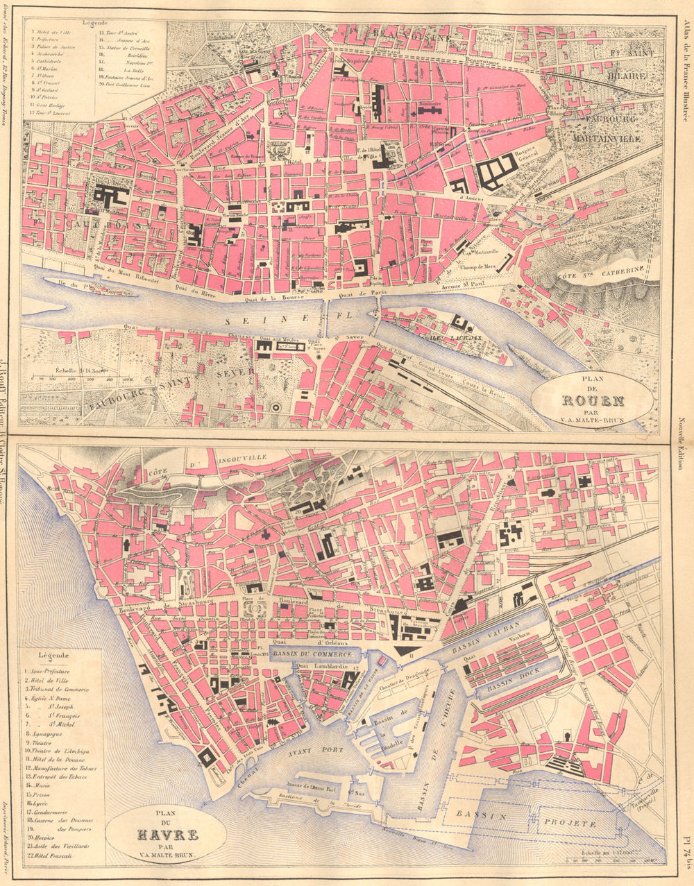 SEINE-MARITIME. Plan de Rouen; Le Havre 1883 old antique map chart