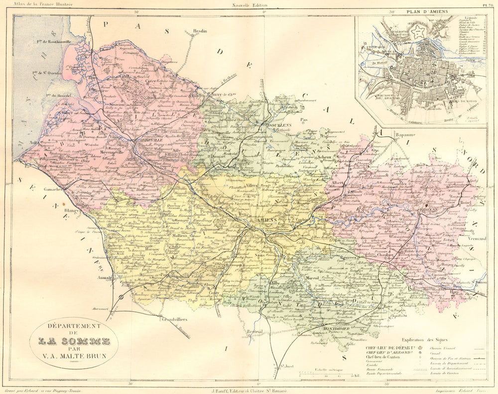 SOMME. Departement de; plan D'Amiens 1883 old antique vintage map chart
