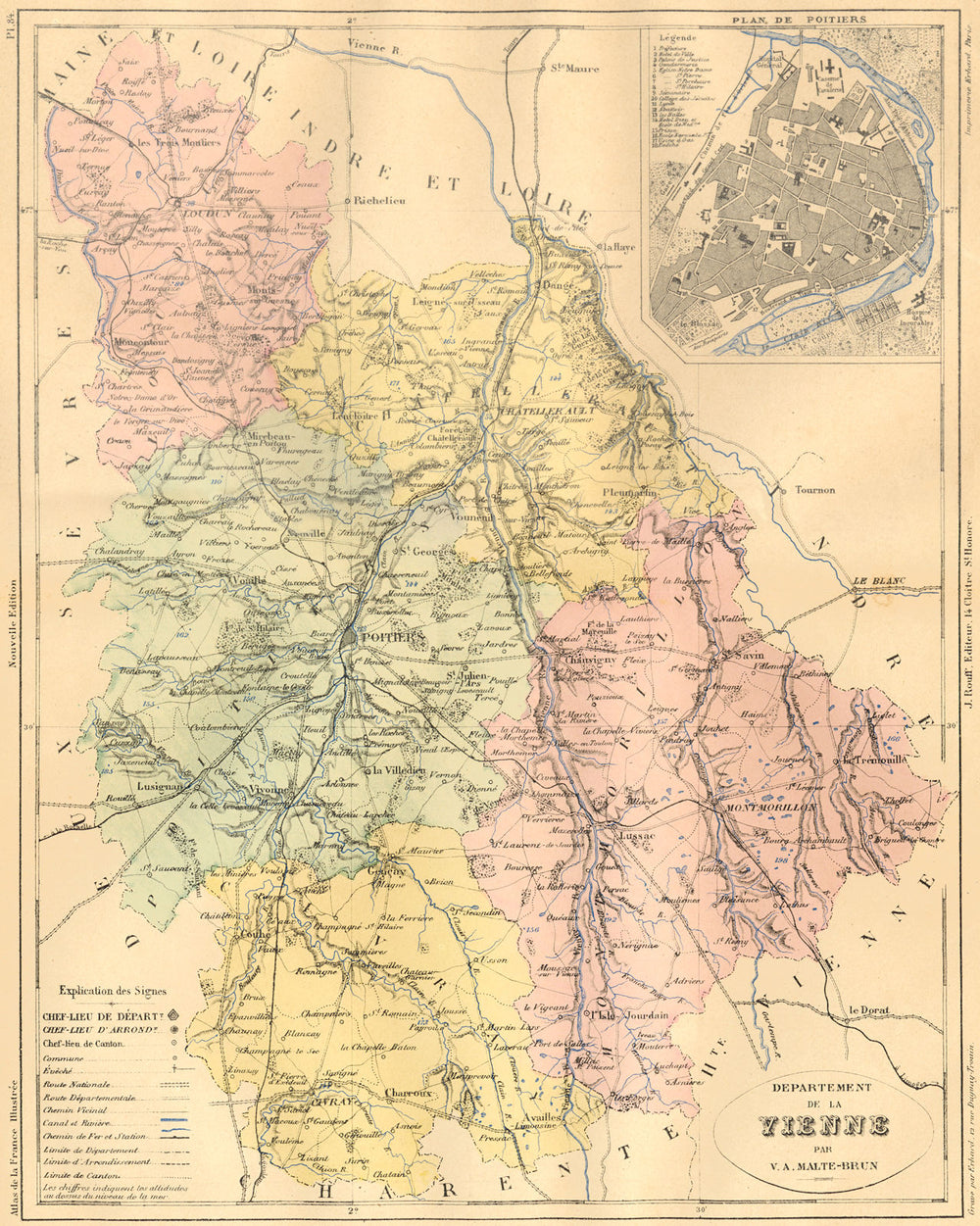 VIENNE. Departement de; plan Poitiers 1884 old antique vintage map chart