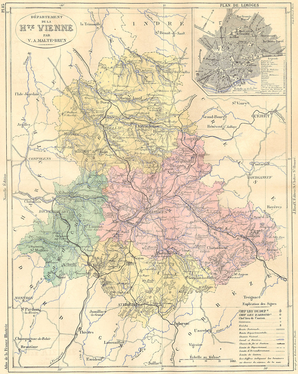 HAUTE-VIENNE. Departement de Hte; plan Limoges 1884 old antique map chart