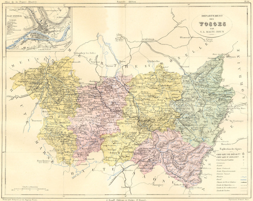 VOSGES. Departement; plan D'Epinal 1884 old antique vintage map chart
