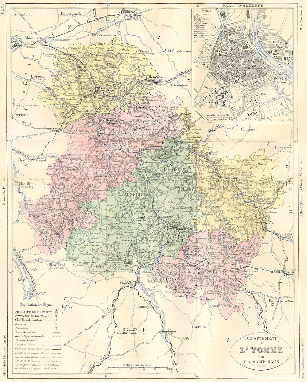 YONNE. Departement de L'Yonne; plan D'Auxerre 1884 old antique map chart