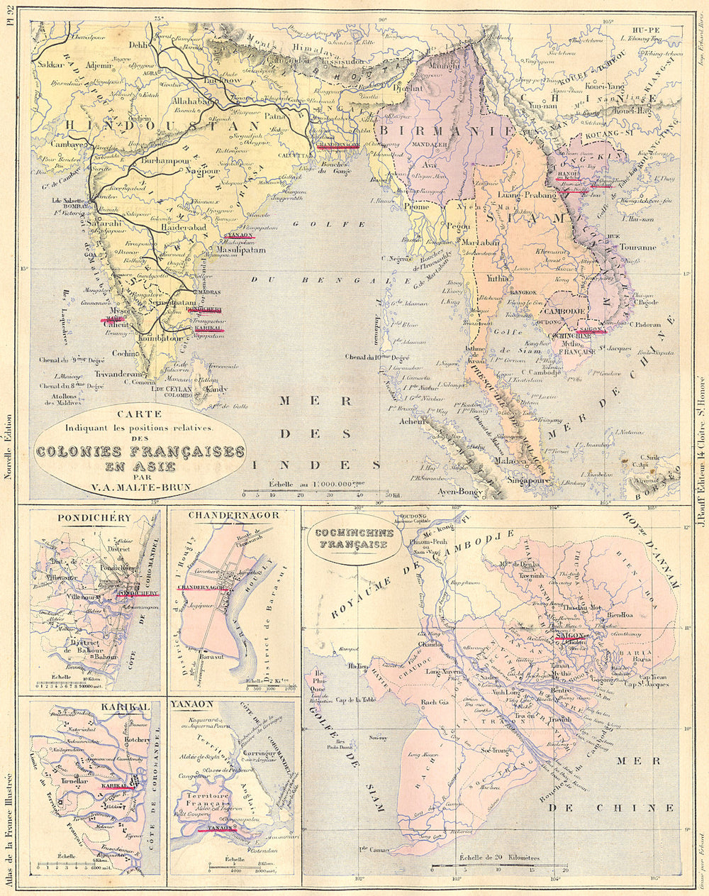 INDIA. Pondichery; Chandannagar; Yanam; Vietnam 1884 old antique map chart