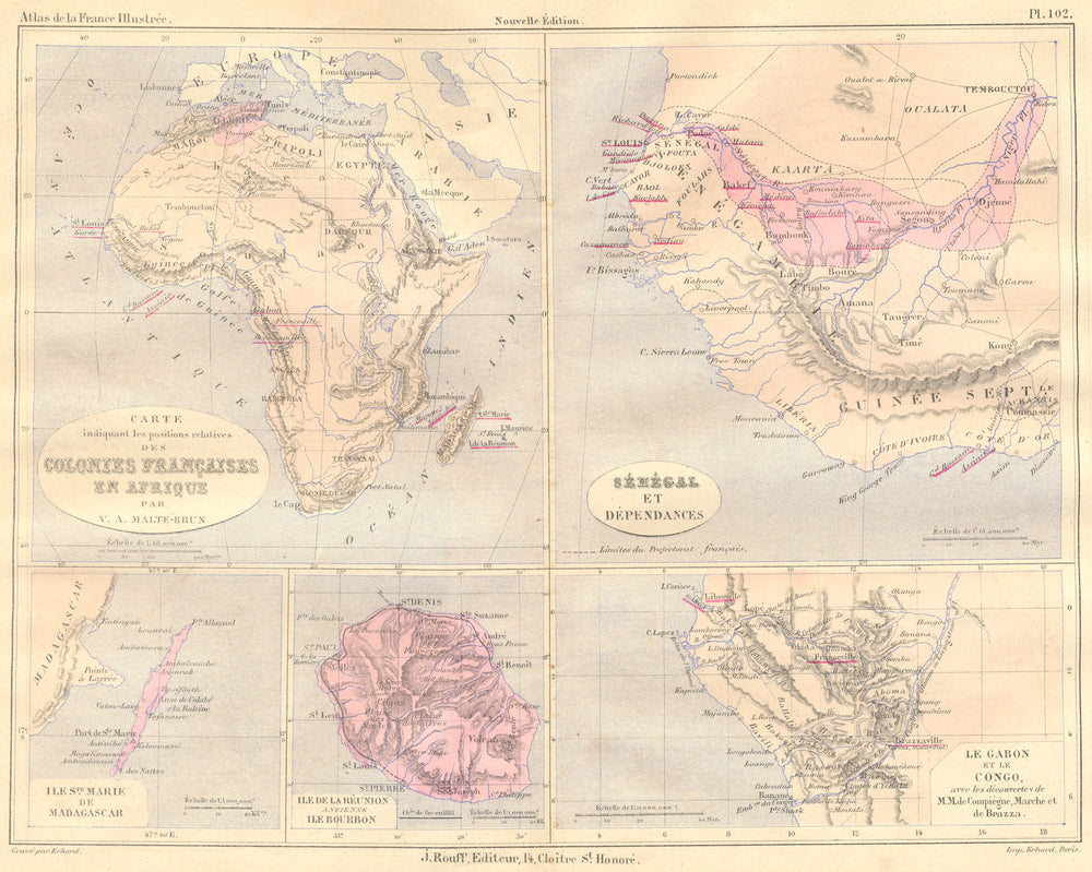 AFRICA. Senegal; Ste Marie Madagascar; Reunion 1884 old antique map plan chart