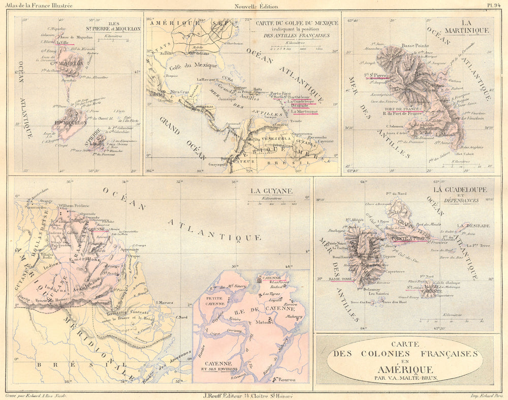 MARTINIQUE. St Pierre Miquelon; Guadeloupe 1884 old antique map plan chart