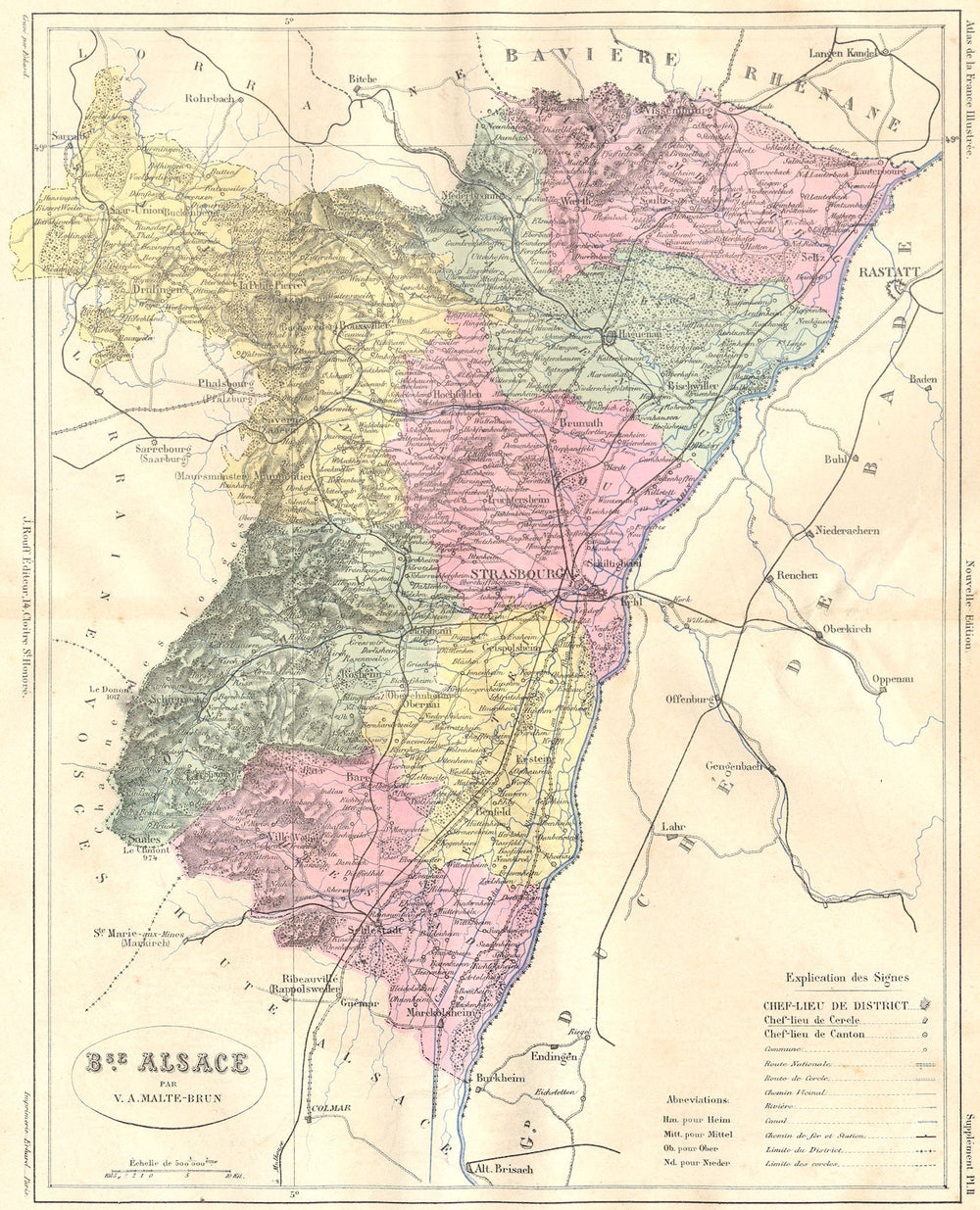 ALSACE. Basse departement 1884 old antique vintage map plan chart
