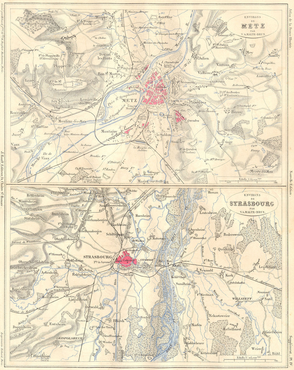 MOSELLE. Area de Metz; Strasbourg 1884 old antique vintage map plan chart